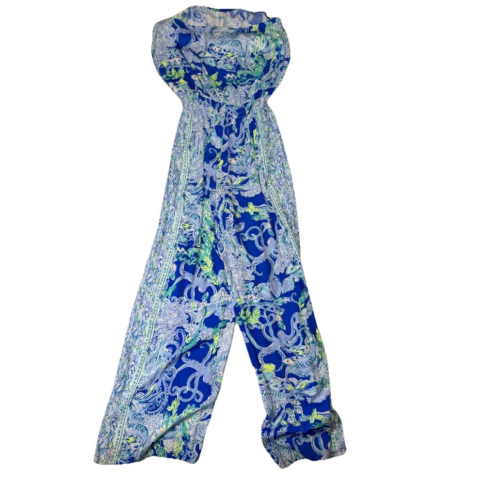 Lilly Pulitzer Pim‎ Jumpsuit Strapless Wide Leg Sea Sirens Print Blue Sz M Beach - Picture 7 of 7